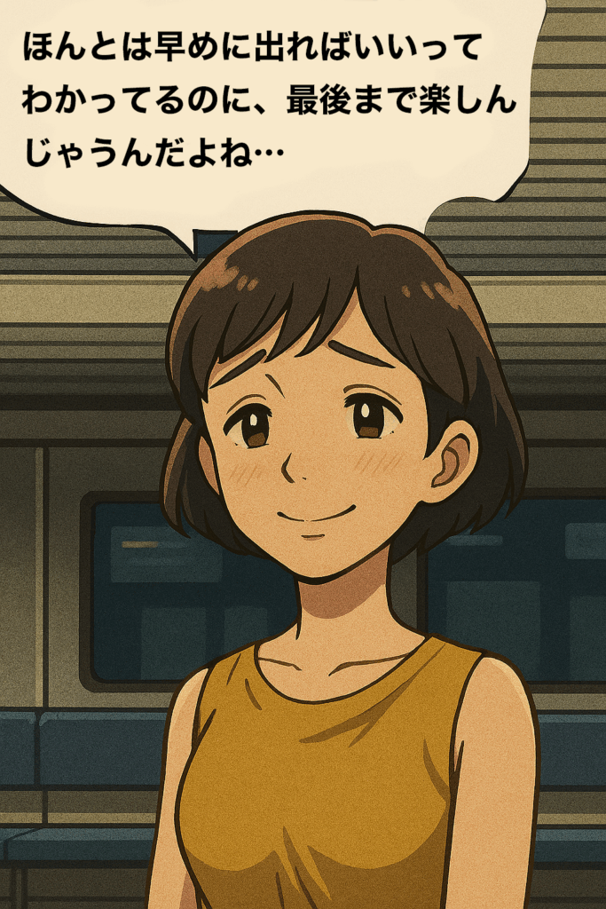 💬（先輩女性） 「ほんとは早めに出ればいいってわかってるのに、 最後まで楽しんじゃうんだよね…」