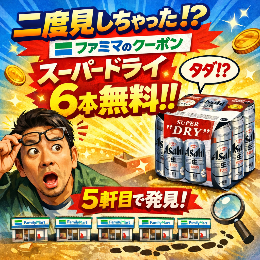 二度見してしまったファミマのクーポン こんにちは、ダンシングポノ制作のニーダです。 先日、何気なくファミマのアプリを見ていたときのこと。 ふとクーポン欄を見たら、 思わず二度見しました。 スーパードライ6本が無料！？ 表示されていたのはなんと… スーパードライ 500ml × 6本　無料 え、ちょっと待って。 一瞬理解が追いつかず、 「え？1本じゃなくて6本？」 「本当に無料？」 と、しばらく画面を見つめてしまいました。 これは行くしかない こういうときの行動は早いです。 「これは今すぐ行くしかない」 と思い、そのままファミマへ。 しかし、ない 店に入ってすぐお酒コーナーへ直行。 …ない。 500mlの単品はあるけど、 6缶パックがない。 まさかのファミマ巡り 「まあ別の店舗ならあるだろう」 と軽い気持ちで次の店舗へ。 …ない。 さらに次。 …ない。 結局、 5店舗目でようやく発見。 ちょっとした宝探しでした。 無事ゲット 無事に6缶パックを手に取り、 レジへ。 本当に無料で通ったときは、 ちょっとした達成感がありました。 今回の学び 今回思ったのは、 お得なクーポンはちゃんとチェックすべし でも在庫は意外とない ということ。 特にこういう ちょっとお得すぎるクーポン は、動きが早いのかもしれません。 まとめ 何気なく見たアプリから まさかの ファミマ5店舗巡り になるとは思いませんでした。 でもこういうちょっとした出来事も 日常の中では面白いですね。